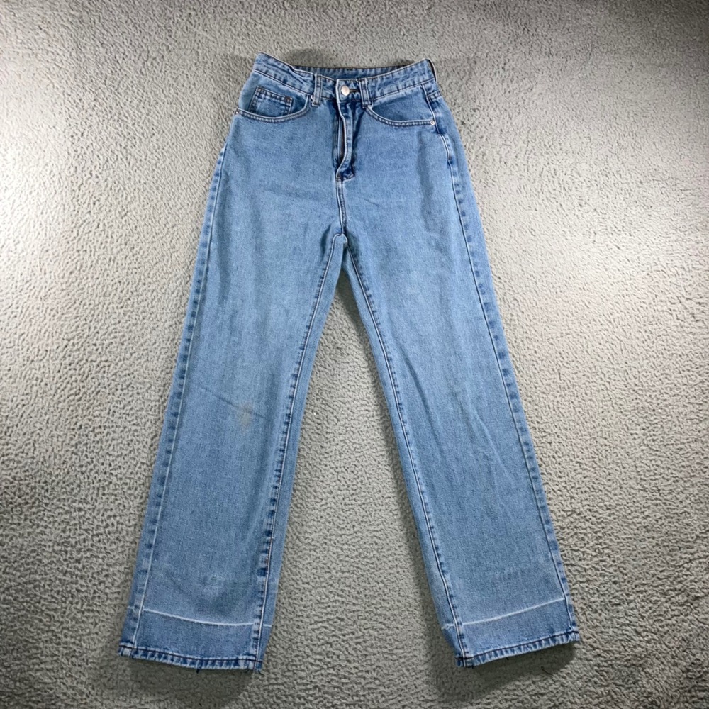 High Waist Straight Leg Jeans Women 25x28.5 Blue Retro Y2K Indie Released Hem